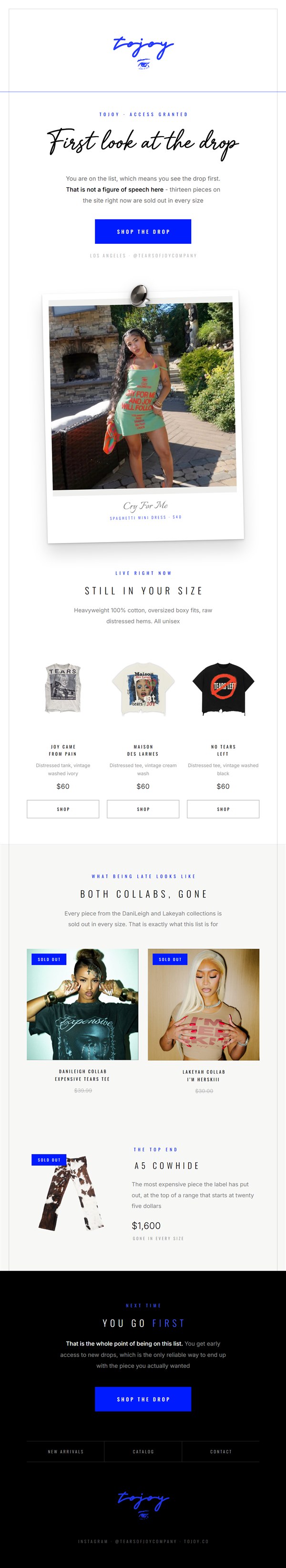 CopyPlug early access drop email campaign for a Los Angeles streetwear label